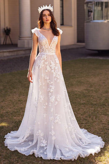Ivory A Line Long Wedding Dress with Appliques
